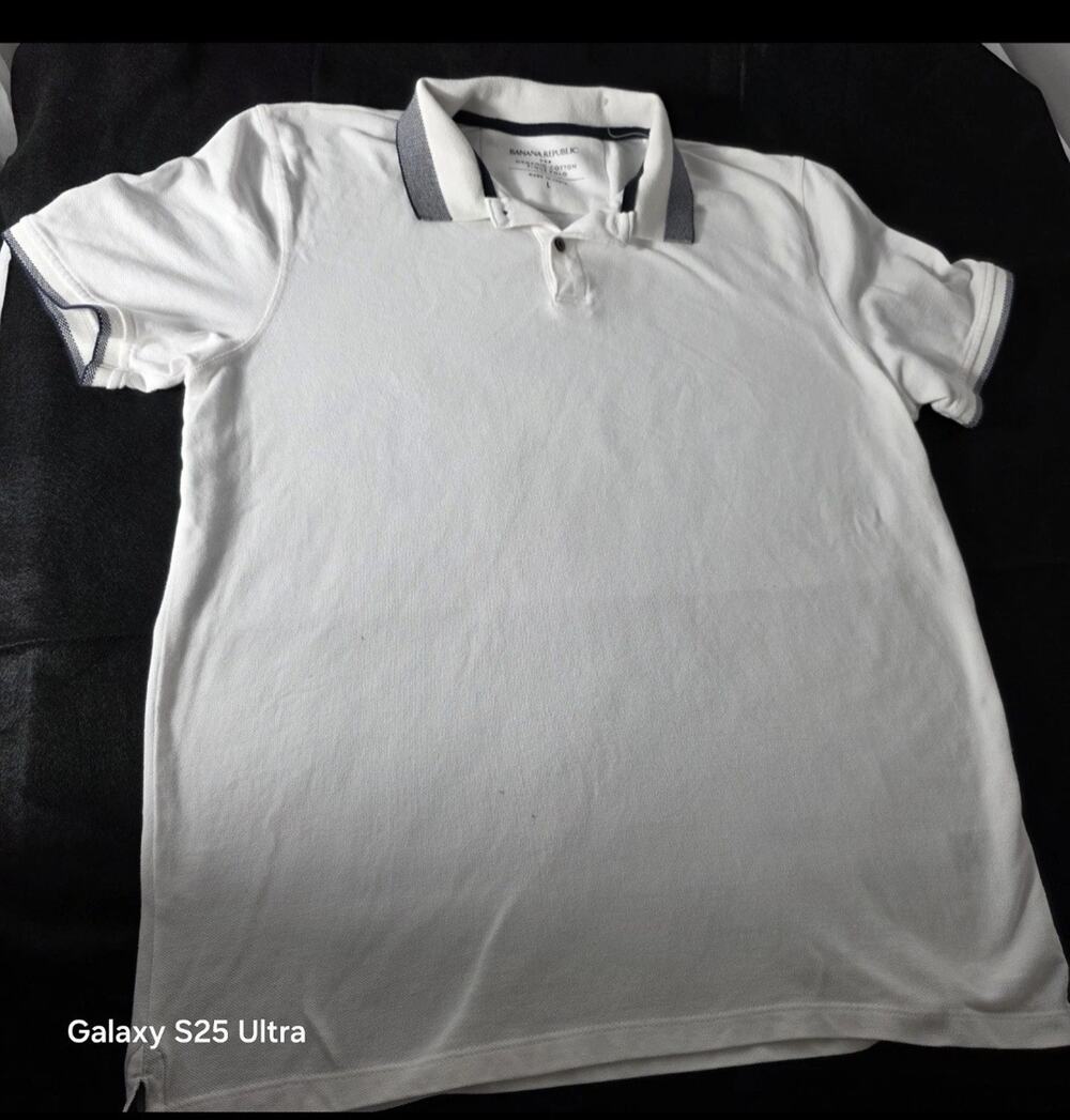 Banana Republic Mens Organic Polo Shirt. White Blue Trim Sz L Pre-owned